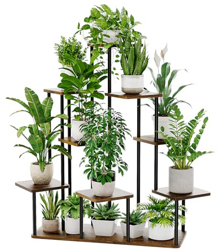 Bamworld Support pour plantes d'intérieur à 9 niveaux - Escalier de fleurs en bois et métal - Étagère à plantes à plusieurs étages pour salon, balcon et couloir - Marron foncé