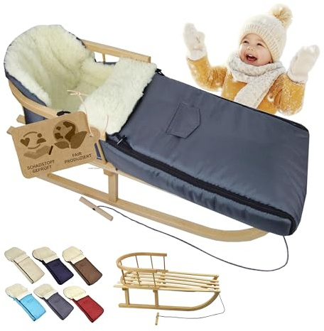 Rawstyle Slitta in legno con schienale e corda di trazione + sacco nanna invernale 108 cm – calda lana d'agnello, impermeabile, set combinato per passeggino e passeggino (grigio scuro)