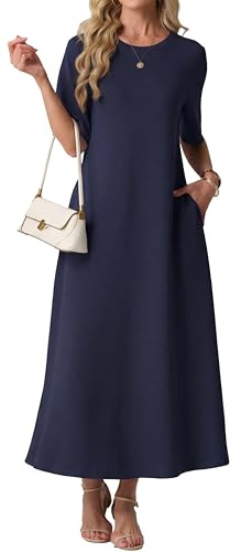 GRECERELLE Women Dresses Crew Neck Short Sleeve Loose Maxi Dress with Pockets Ladies Casual Dresses A Line Elegant for Summer Spring Party Weddings Holidays