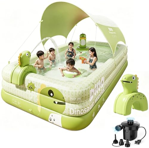 Inflatable Swimming Pool with Canopy & Air Pump & Inflatable Water Spray Gun, 118 Swimming Pool for Adults, Large Blow Up Pool Ideal for Family Backyard Garden Party, Outdoor Summer Fun