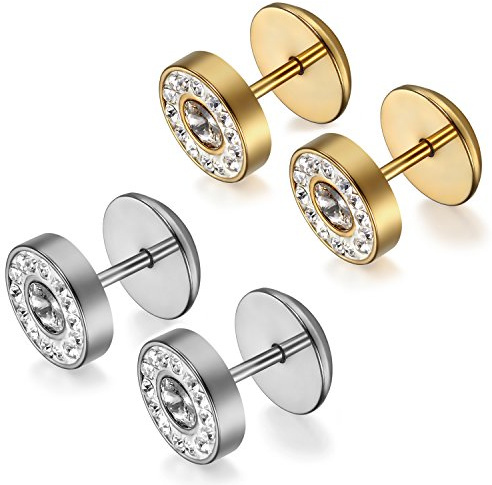 Flongo Orecchini a perno in acciaio inox, finto plug finto dilatatore strass vetro argento oro oro rotondo charm uomo, Strass, vetro