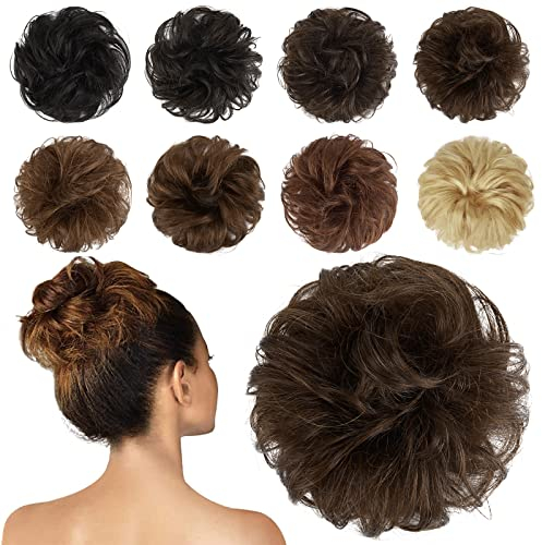 FESHFEN Messy Buns Echthaar, 100% Echthaar Haarteil Dutt Haargummi, Wellig Lockige Haarknoten Haargummi Haarverlängerungen Hochsteckfrisuren Echthaar Haarteil für Damen Mädchen, Mittelbraun
