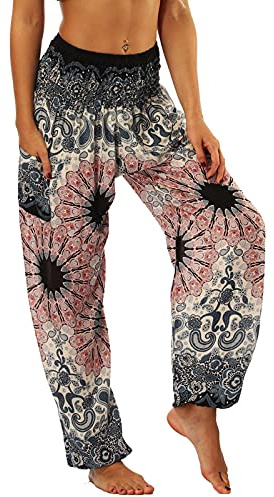 Nuofengkudu Baggy Hippie Thai Pants for Women Boho Vintage Patterned Elasticated High Waist Grey Flower Print Comfortable Harem Trousers for Yoga Summer Beach Party(Size: One Size)
