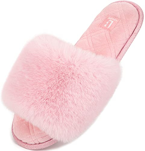 LongBay Ladies' Fluffy Faux Fur Slippers Open Toe Memory Foam House Shoes for Women Indoor Outdoor Slides Pink,5-6
