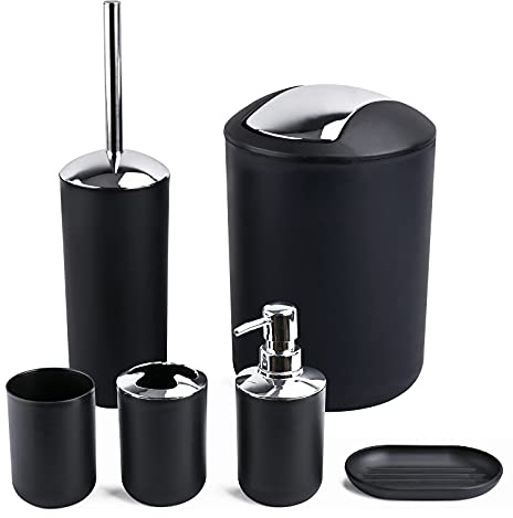 Papillon 6-Piece Bathroom Accessories Set, Toothbrush Holder with Cup, Soap Dispenser & Dish, Toilet Brush, Trash Can, Tumbler Set (Black)