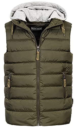 Indicode Herren Stockton Steppweste mit abnehmbarer Jersey-Kapuze | Herrenweste Weste Army XL