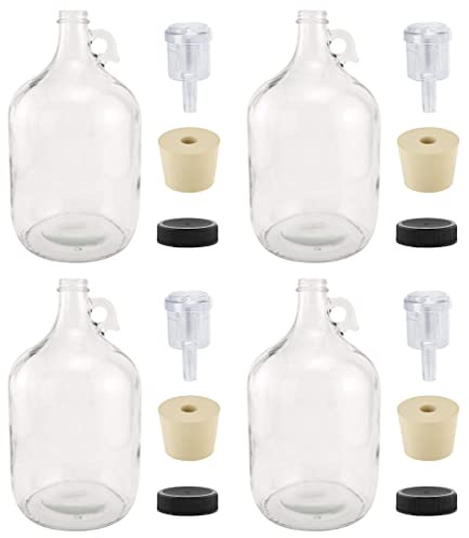 North Mountain Supply 1 Gallon Glass Fermenting Jug with Handle, 6.5 Rubber Stopper, 2-Piece Airlock, Black Plastic Lid - Set of 4
