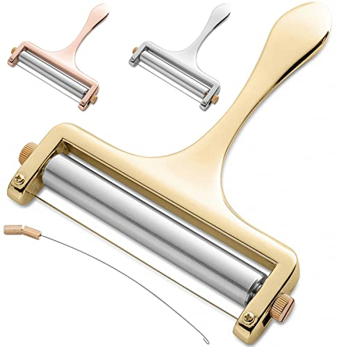 Bellemain Stainless Steel Wire Cheese Slicer - Hand Held Cheese Cutter for Cheddar, Gruyere, Raclette, Mozzarella Cheese Block, Adjustable Cheese Shaver, Thick & Thin Slicer, Cheese Curler (Gold)