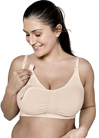 Medela Hands Free Pumping Bra & Nursing Bra for Breastfeeding, 3-in-1 Seamless Lightweight Maternity Bra Chai