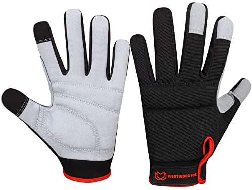 WESTWOOD FOX Gants de travail de sécurité robustes pour homme, gants de jardinage rembourrés anti-épines, protection de la paume, écran tactile, respirants, mécanicien, travail… (Noir, M)