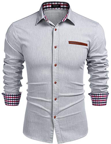COOFANDY Camisa informal para hombre, con botones, camisa de vestir de manga larga, de mezclilla, para trabajo, estilo vaquero, corte entallado, blanco, S
