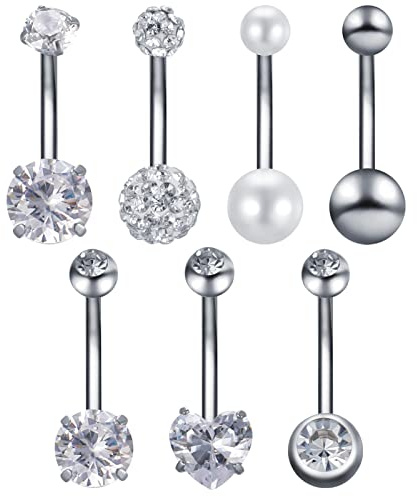Firtink 7Pcs Belly Button Bars Stainless Steel Belly Button Ring Set Pearl Diamond Belly Piercing Navel Bar Belly Button Ring 14 Gauge Navel Ear Bars Piercing Jewellery