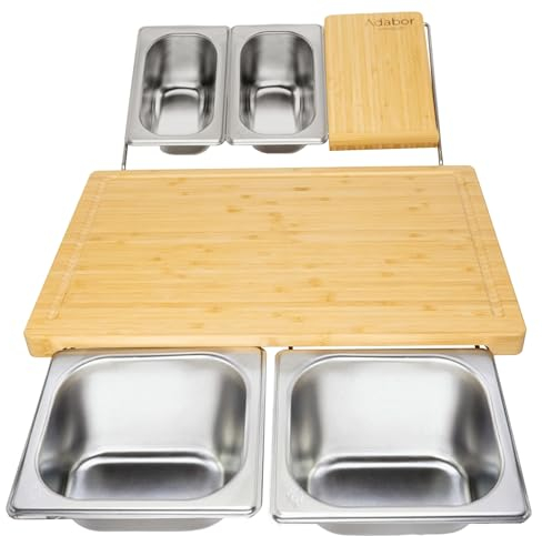 Adabor Schneidebrett aus Bambus Holz 42 x 28 cm – extra groß & ausziehbar mit 4 Edelstahl Auffangschalen und Bambus Ablage, Profi Küchenbrett/Cutting Board, messerschonend & pflegeleicht