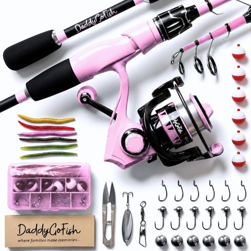 DaddyGoFish spinnfiske spö och rulle kombo set med tackellbox | fiskespö | kolfiber teleskopiskt fiskespö kit | spinnrulle för resor saltvatten sötvattenfiske utrustning kit
