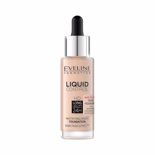 Eveline Cosmetics Liquid Control HD Light Beige Flüssige Foundation mit Niacinamid - Tropfflasche, Lang anhaltende Feuchtigkeit & Natürlicher Finish