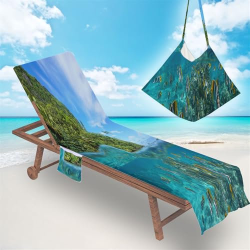Treer Sonnenliege Auflage, Sommer Strand Druck Gartenliege Abdeckung, Frottee Schonbezug Gartenstuhl mit 2 Taschen, für Schwimmbäder Strände Gartenhotels Liegenauflagen (Gestreifter Fisch,75x210cm)