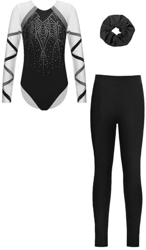 Jugaoge Mädchen Langarm Turnanzug Glitzer Gymnastikanzug mit Lange Hose Slim Fit Stretch Pants Haargummi Ganzkörper Tanzbody Leotard Schwarz 170
