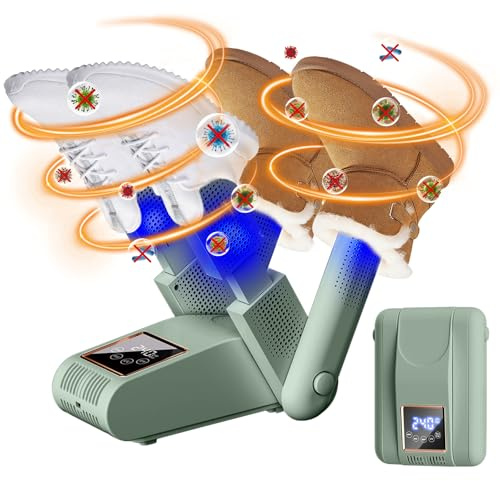 Asciuga Scarpe Elettrico per Due Paia di Scarpe, Asciugascarpe Pieghevole con Doppio Supporto, Display LED Temperatura, Deodorizzazione UV, per Sci(verde)
