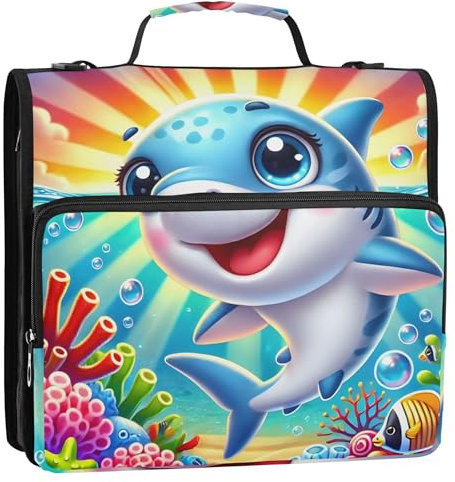 1.5 Inch 3 Ring Binders Heavy Duty Cartoon Dolphin Rainbow Cute Zip up Binder Organizer Keeper Binder Bag with Strap for School Travel Portfolio & Case Ring Folder Holder