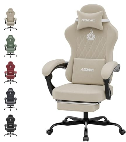 NIONIK Gaming Stuhl Einsteigermodell, Ergonomischer Computerstuhl mit Verstellbarer Höhe und Rückenlehne, Einfacher Gaming Stuhl für Kinder, Teenager, Erwachsene für Zimmer, Büro,Beige