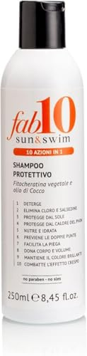 Fab10 - Shampoo Protettivo Sun&Swim 10in1 - Shampoo per Capelli Professionale a Base di Cheratina e Olio di Cocco con 10 Benefici - Protegge dal Calore del Sole, Dona Brillantezza e Volume - 250ml