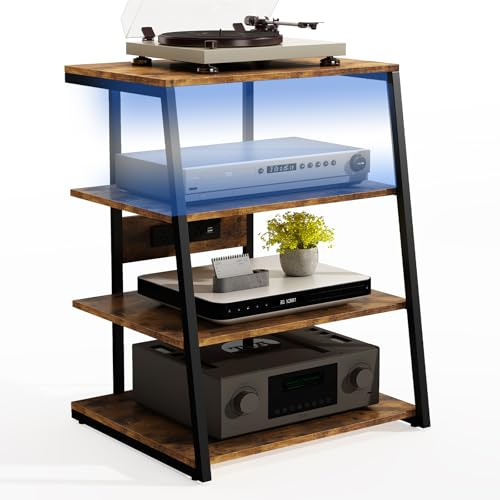 Nelbolire 4-Tier AV Media Stand Corner Shelf for Record Player Wooden Stereo Cabinet Audio Rack Tower with Electrical Outlet & LED Lights for PS4 (Walnut)
