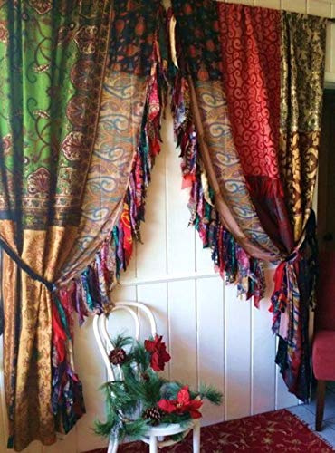 Rajbhoomi HANDICRAFTS 2 st indisk vintage ljusfiltrerande sari färgglada gardiner - flerfärgade handgjorda lappverk rum gardiner gardiner heminredning gardin (blandad) 213 cm x 107 cm tum