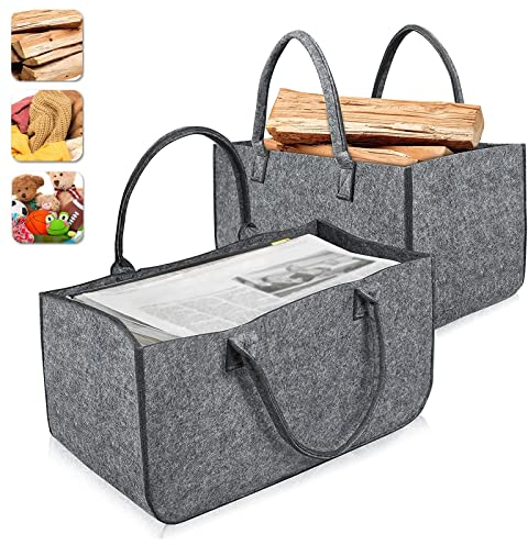 YARDIN Filztaschen 2er Set Kaminholztasche Filz Kaminholzkorb Shopper Einkaufstasche Faltbar Zeitungskorb Zeitungsständer für Kaminholz Zeitungen Holz Büchern (Grau)