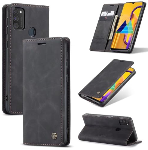 SLWYF Handyhülle für Samsung Galaxy M30S/M21/F41/M21S Hülle,PU Leder Flip Tasche Klappbar Magnet Wallet Lederhülle, Silikon Bumper Klapphülle Case mit Kartenfäch für Samsung M30S/M21/F41/M21S, Schwarz