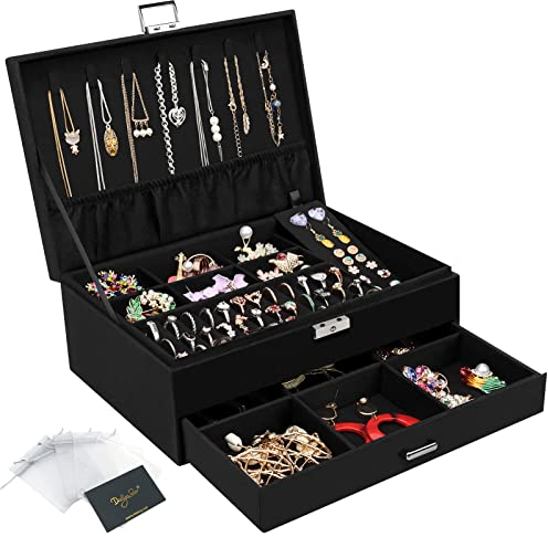 Boîte à bijoux, Rangement Bijoux Coffret Bijoux Verrouillable de Voyage, Coffret à Bijoux en velours à 2 Couches, Rangement Bijoux Organisateur De Bijoux pour Colliers,Bagues,Bracelets, Noir