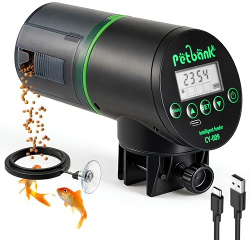 Petbank Distributeur Nourriture Poisson Aquarium - Timer Rechargeable avec Câble de USB Charger, Distributeur Automatique Aquarium avec Ecran LCD, Distributeur Nourriture Tortue,Noir