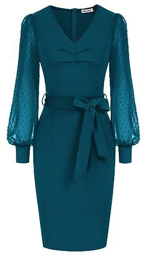 GRACE KARIN Robe Crayon Moulante à Manches Longues de Lanterne - Élégante pour Demoiselle d'Honneur et Invitée de Mariage L Bleu-Vert