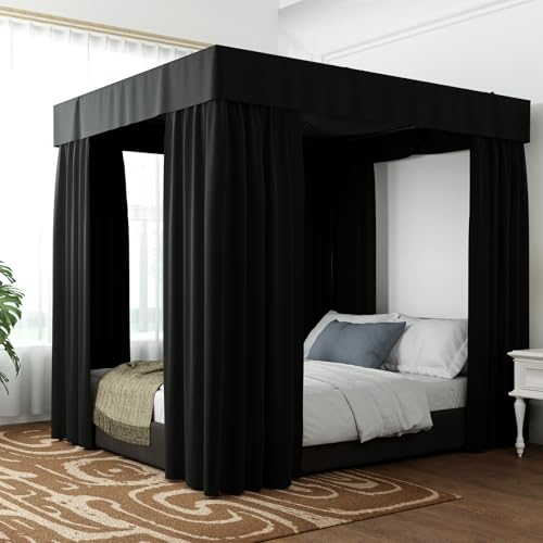 Hvqic Black Canopy Bed Curtains - 4 Corner Post Curtains Full Bed Lightproof Drapes for Adults & Girls Bedroom Decoration