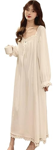 PHLCEhot Women Long Sleeve Nightdress Soft Princess Nightgown Pajamas Nightshirt Vintage Sleepdress (square collar white, XXL)