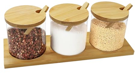 Aleker 3 PCS 300 ml/10Oz Glass Spice Jars with Bamboo Lids & Spoons,Seasoning Jars Spice Box for Kitchen,Cute Sugar Pot Glass Jars Containers with Bamboo Base for Spice,Salt,Sugar,Pepper,Coffee etc