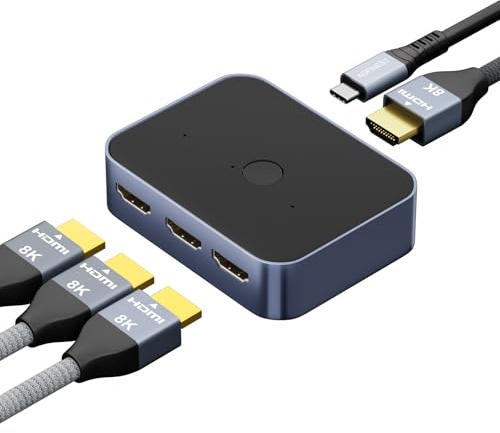 HDMI 2.1 8K 60Hz Switch 4K 144Hz Switch 3 Inputs 1 Output, 48Gbps HDMI Switch UHD HDR 3D Compatible with PS5/Switch/Xbox/HDTV/Display