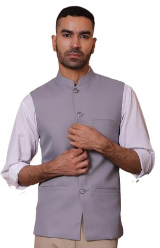 Maple Clothing Men's Nehru Jacket Outerwear Vest Traditional Sleeveless Indian Waistcoat (Grey, L)