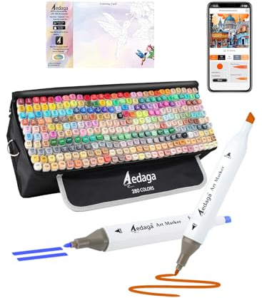 YHC 280 Colors Alcohol Markers with Free APP, Alcohol-Based Dual Chisel & Fine Tips Markers with Kickstand Case for Adult Coloring, Drawing, Painting and Sketching, Great Gift Idea for Artists
