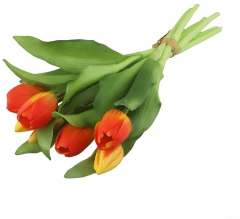 Bouquet di 7 tulipani finti realistici, fiori artificiali per festa di nozze, decorazione della casa, 33 cm, multicolore, decorazione primaverile (arancione)