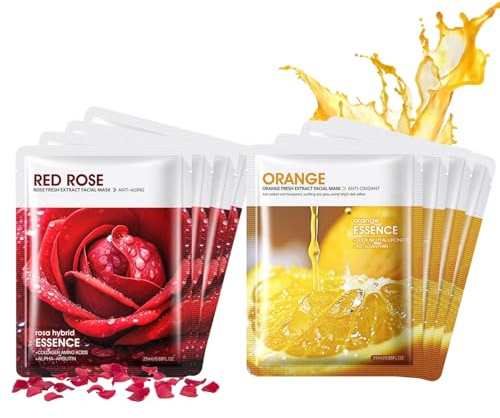 Korean Tuchmasken Gesicht Set mit Rose & Orange, Face Mask Feuchtigkeit, Gesichtsmaske Verbessern sie Fahle Haut, Maske Gesicht zur Hautberuhigung, Gesichtsmasken Straffende, Nähren die Haut, 8 Stück