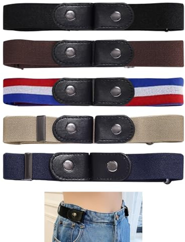 Lot de 5 Ceinture Sans Boucle Élastique Invisible Femme Homme, Ceinture Unisexe Réglable Dégagement Rapide Extensible, Confort Décontracté pour Jeans Pantalon, Mode Polyvalente Noir, Marron Beige