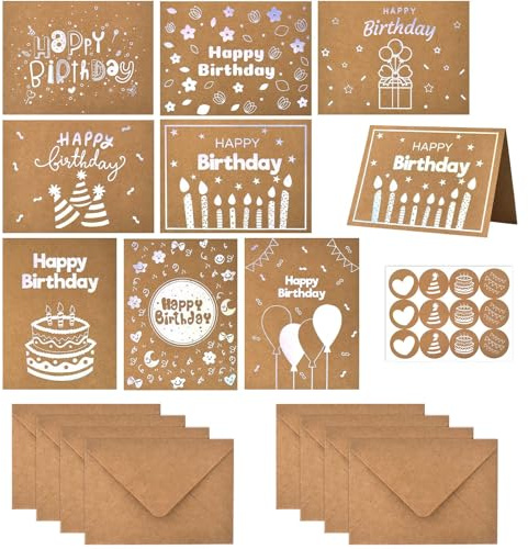 Eclove Biglietti Compleanno, 16 PCS Biglietto di Auguri con Busta, Biglietti Carta Kraft, Biglietto Compleanno in Argento Foil, per Donne Uomini e Bambini