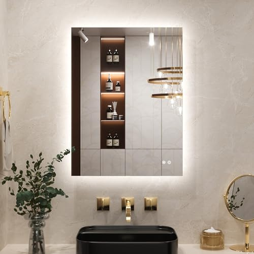 Keonjinn Bathroom Mirror with LED Lights, 60x80cm Illuminated Light Up Rectangle Bathroom Mirror with Backlit Light, Anti-Fog Wall Mounted Vanity Mirrors 3 Colors Dimmable, Memory Function