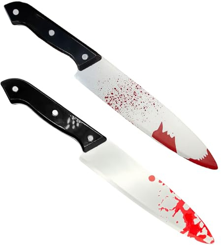 GWAWG Fake Knives with Blood Splatter Effect, 2 Pcs Halloween Bloody Knife Prop, for Scream/Ghostface Costume Accessories, Plastic Toy Weapons for Horror Cosplay and Scary Party Decor