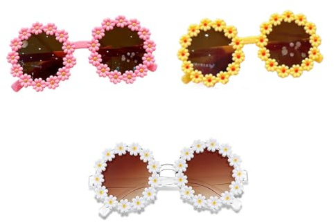 Multi Pack Kids Flower Sunglasses – Cute Round Full Frame for Girls | Pink, White, Yellow, Green, Coral | UV-Protective PC Lenses | Summer, Holiday, Party Accessories (Pink, white, Yellow pack of 3)