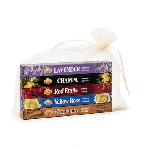 Set de Incienso Natural Surtido con 5 Aromas y 100 Varillas, Incienso aromático para Relajación, Meditación y Yoga, Pack Regalo con Bolsa y QR, Hecho en la India