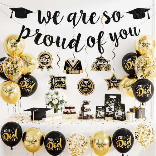 Adeyoo 2026 Graduation Decorations - Graduation Party Decorations | We Are So Proud of You Banner Hanging Swirls, Black and Gold Print Balloons for Graduations Class of 2026 Leavers Party
