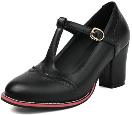 Dam retro brogue pumps t rem block klack rund tå bana skor klänning klackar för arbete och vardaglig PU