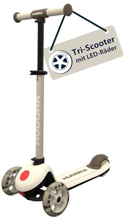HUDORA Tri-Scooter – Ivory – Ruedas LED – Scooter de 3 Ruedas con Manillar Ajustable en Altura – Rueda Trasera Ancha, rodamientos ABEC-7, Plataforma Antideslizante y Freno Trasero – Patinete Infantil