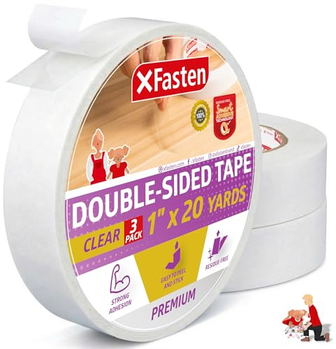 XFasten Double Sided Tape Clear, Removable, 1-Inch by 20-Yards, Pack of 3 Ideal as a Gift Wrap Tape, Holding Carpets, and Woodworking